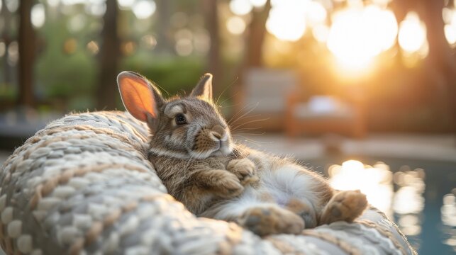  A photo of a rabbit resting on a rope by water, bathed in sunlight