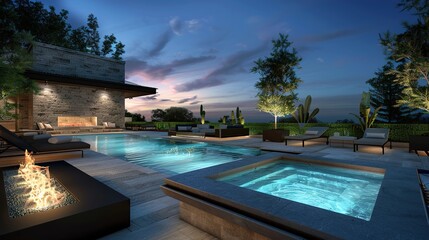 A contemporary infinity-edge pool with a sunken lounge area and fire pit, set against the backdrop of a sprawling estate, providing the perfect setting for outdoor entertaining and relaxation.