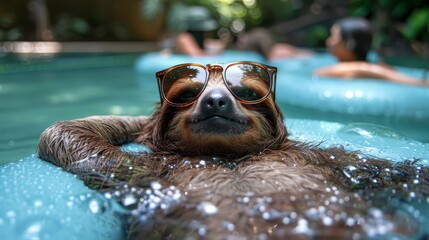 Fototapeta premium A person with sunglasses in a close-up, and a sloth in a pool with others in the background