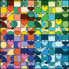 Colorful Mosaic Pattern With Hearts and Circles Vector Illustration. Circle, Hearts and Square Pattern. Cheerful and Lively Atmosphere Pattern For Any Room.