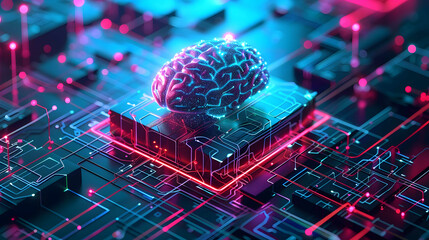 a neon circuit board has an image of a brain - obrazy, fototapety, plakaty