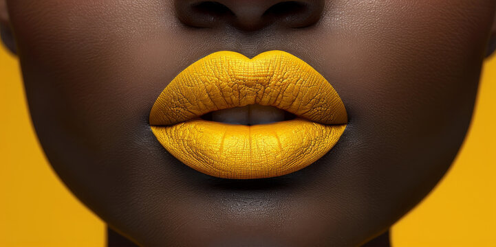  A clear depiction of a woman's face with yellow lips and yellow lipstick color, highlighting the facial features in detail