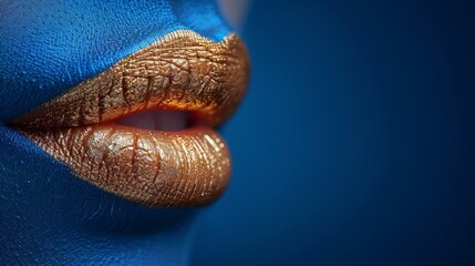  A photo of someone's close-up lips with blue and gold paint on one side