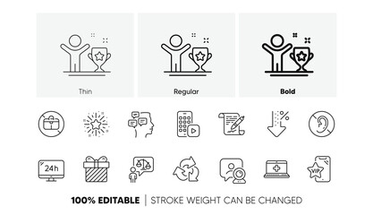 No handbag, 24h service and Phone app line icons. Pack of No hearing, Messages, Recycle icon. Twinkle star, Vip phone, Medical help pictogram. Low percent, Agreement document, Lawyer. Vector