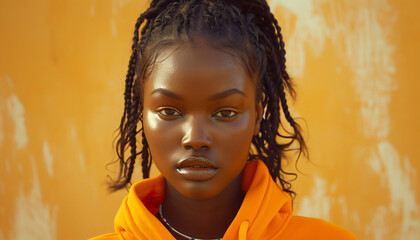 female african portrait - a gorgeous black woman in front of an orange wall background