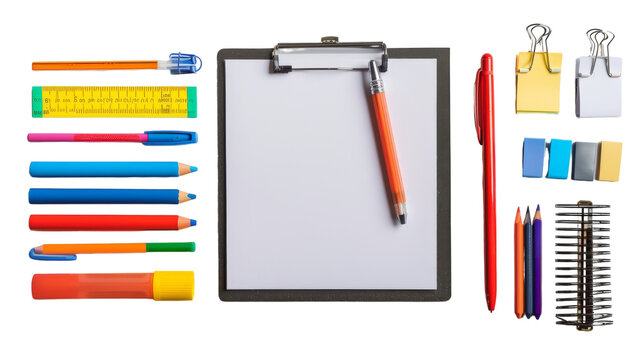 A clipboard adorned with a pen, ruler, pencils, markers, and more, ready for a burst of creativity