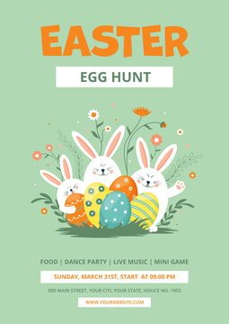 Easter egg hunt flyer design. Easter party poster template for easter party. Vector illustration with bunnies and colorful Easter eggs on light green background.