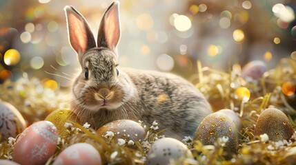 Cute Easter bunny, golden flitter - obrazy, fototapety, plakaty