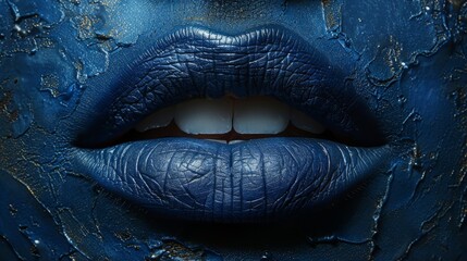  A zoomed-in photo of an individual's mouth, featuring blue lipstick and a white liquid within