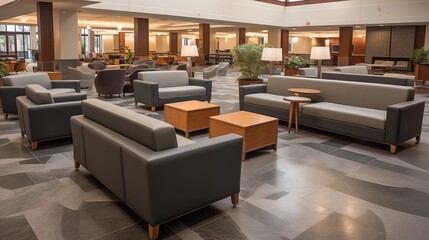 University student center with creams and charcoal gray upholstery.