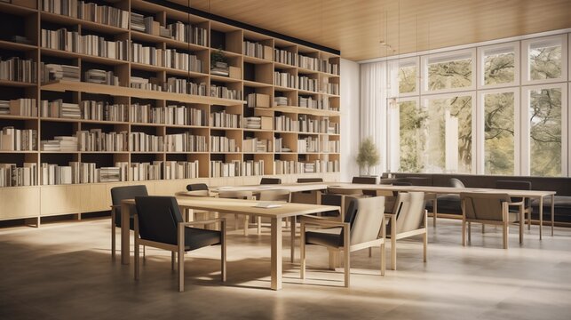 University research library with light blonde wood and charcoal gray built-ins.