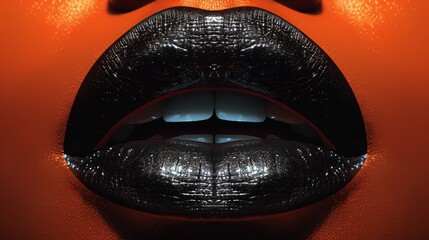  Woman's mouth upclose with black&orange pattern on lips