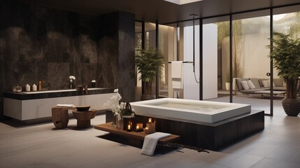 Upscale day spa with soft ivories and matte black metal and stone elements.