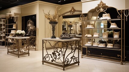 Upscale retail store interior with creams and antique bronze metal racks.