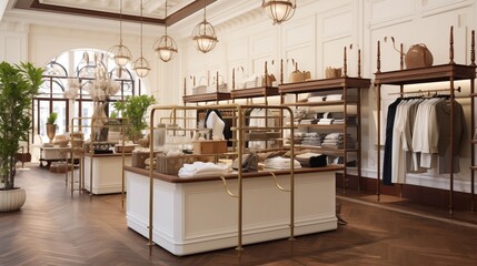 Upscale retail store interior with creams and antique bronze metal racks.