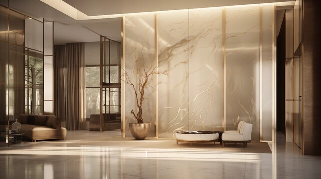 Upscale residential building lobby in creams with bronze and smoked glass.