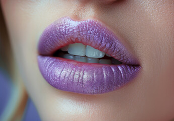  Woman's lip close-up, wearing purple lipstick on upper and lower lip