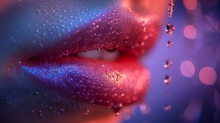  A photo of a woman's lips, with droplets of water on both the upper and lower lips, captured in a close-up shot - obrazy, fototapety, plakaty