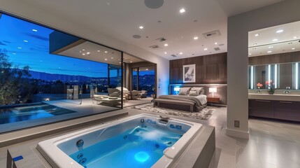 A contemporary master retreat with a luxurious bathroom featuring a sunken spa tub and dual vanities, leading into an elegantly appointed bedroom with floor-to-ceiling windows and panoramic views.