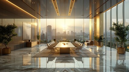  A long conference room with a city view from the large window, featuring a table and chairs - obrazy, fototapety, plakaty