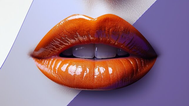  Woman's mouth with orange lipstick on white, purple background