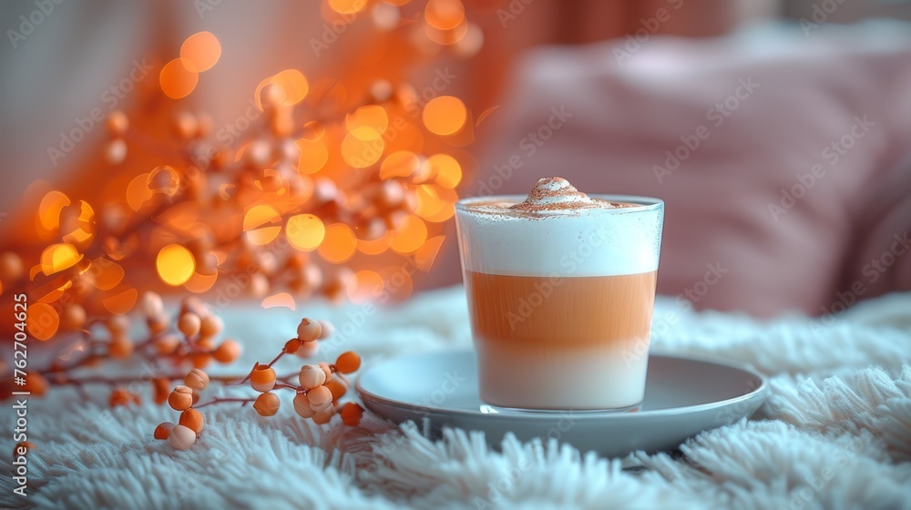 Poster a steaming mug resting atop a festive snowy tablecloth with a pine tree in the background