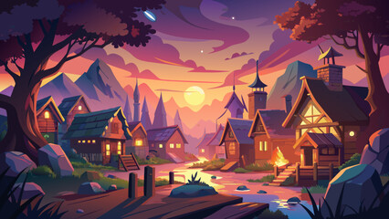 A rustic village- scene bathed in the ethereal vector art