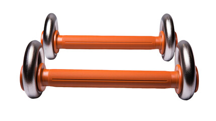 A pair of orange dumbbells rest on a white background