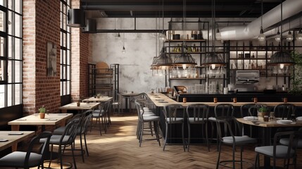 Fototapeta na wymiar Urban restaurant and bar with whitewashed brick and black steel elements.