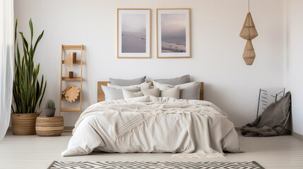 A bedroom with a white bed and a white blanket. The bed is surrounded by a rug and a plant. The room has a minimalist and clean look - obrazy, fototapety, plakaty