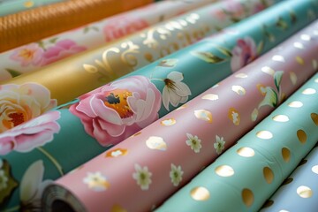 photo rolls of wrapping paper with polka dot and floral prints in pastel and gold colors for a...