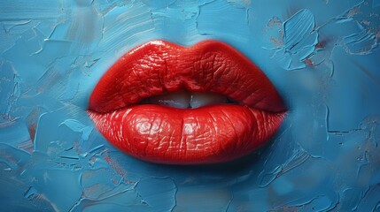  A photo of a lady with closely-cropped red mouth against a blue backdrop, featuring a paint splatter..### Explanation:.The original text is already grammatically