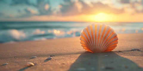  Beautiful shell on the sand against the backdrop of the sea and sunset