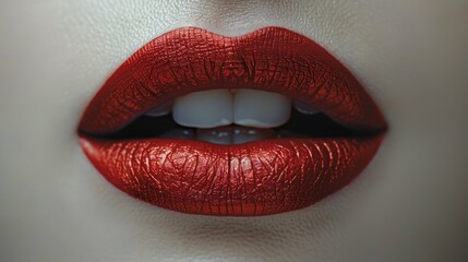   Close-up of woman's lips with bright red lipstick applied to both top and bottom