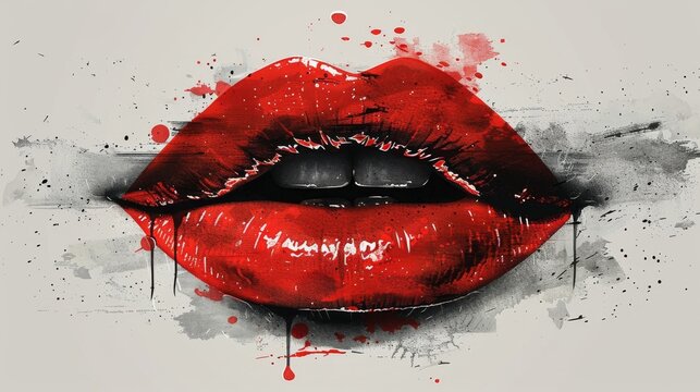  An image of a woman's mouth with red paint splatters and a drip of blue paint on her lips