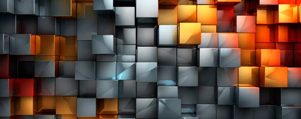 Tuinposter Cubes of varying sizes and colors are artfully arranged in an abstract composition. Each cube stands out with its unique hue, creating visually striking display of geometric shapes. Banner. Copy space © stateronz