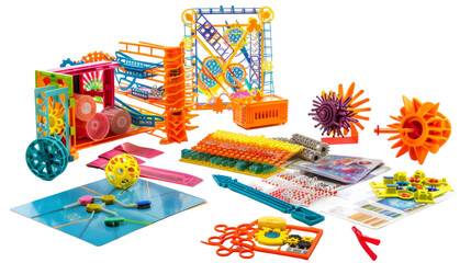 A colorful array of toys scattered on a pristine white surface