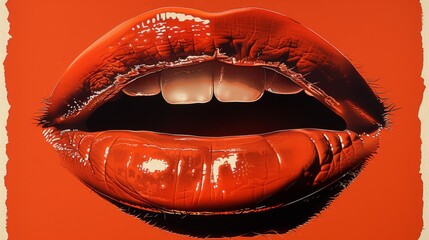  A woman's mouth with red lipstick on an orange background, partially obscured by a circular hole