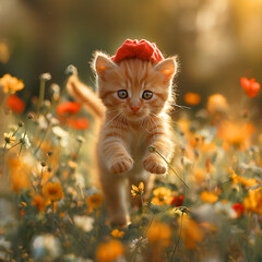 cat running in the flower garden