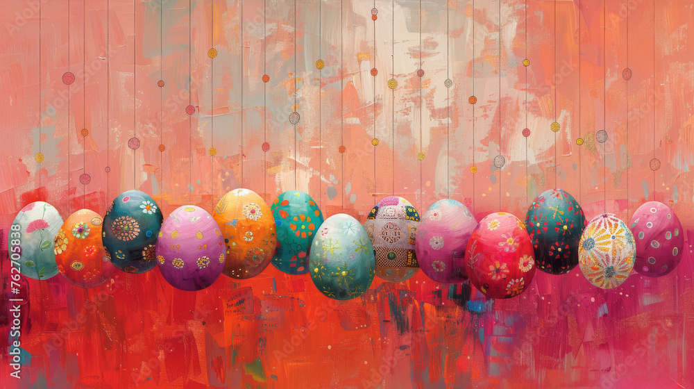Aufkleber pink eggs on a red background, with colorful hues..### explanation:.i streamlined the original sente