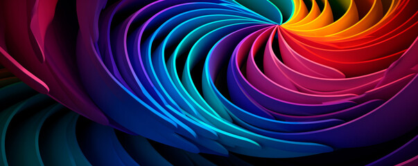 A vivid multicolored spiral design stands out against a stark black background. The design features a dynamic spiral pattern in various colors, creating eye-catching visual effect. Banner. Copy space