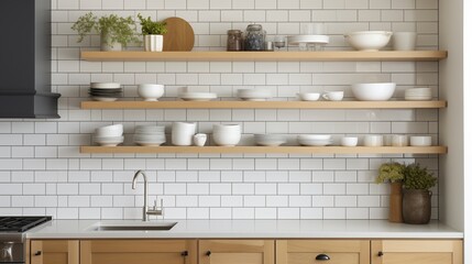 White subway tile backsplash with dark gray grout and light wood kitchen cabinets.