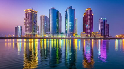 Fototapeta premium Majestic panoramic view of a vibrant metropolis illuminated at night by the calm sea