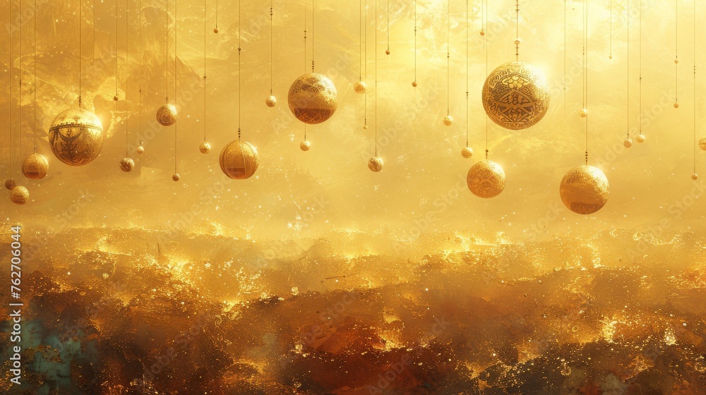 Poster a string of balls dangling in front of a cloud-filled sky, illuminated by sunset hues