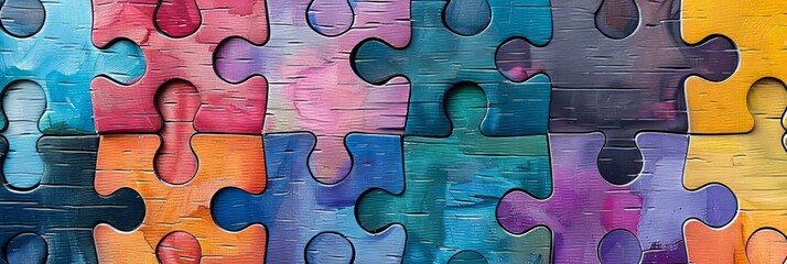 Vibrant puzzle pieces with watercolor texture symbolize connection and diversity in abstract design.