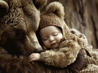 A baby sleeping on the shoulder of a large brown bear. Generative AI.