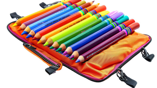 A bag overflows with colorful pencils of all shades and sizes