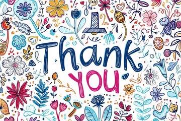 Thank you image with flowers and plants drawn around it. Great for slideshow end screens. - obrazy, fototapety, plakaty