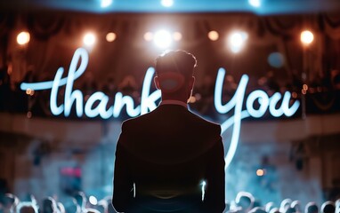 Thank you image with a background showing a speaker speaking to an audience. Great for slideshow end screens.