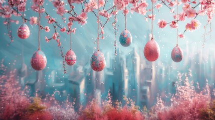  A painting depicts vibrant blue and pink egg-shaped orbs dangling from a tree, surrounded by foreground pink blossoms A metropolitan skyline serves as the - obrazy, fototapety, plakaty